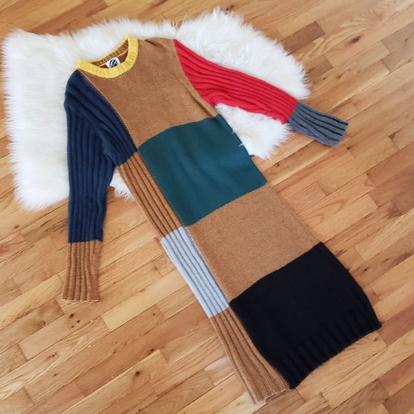 YanYan Tweedle Colorblock Ochre Rainbow Tweed Knit Column Dress - Picture 5 of 13